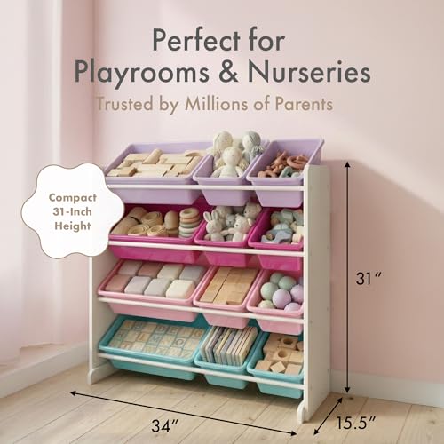 Humble Crew Toy Storage Organizer with 12 Removable Storage Bins for Kids Playroom, 4-Tier Toddler Toy Organization, White/Pink/Purple/Turquoise - color: White/Pink/Purple/Turquoise