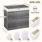 Greenstell Laundry Hamper with Lid, 125L Wicker Laundry Baskets with 2 Removable Liner Bags & 5 Mesh Laundry Bags, Handwoven Rattan Clothes Hamper with Handles for Clothes in Bathroom, Bedroom - color: Light Gray