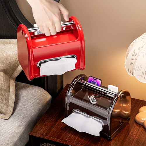 Tissue Box Cover Rectangular with Storage Tray, Multifunctional Facial Tissue Holder and Desk Organizer Napkin Holder - Phone Holder for Car Bathroom Office Living Room Bedroom - Red - color: Red