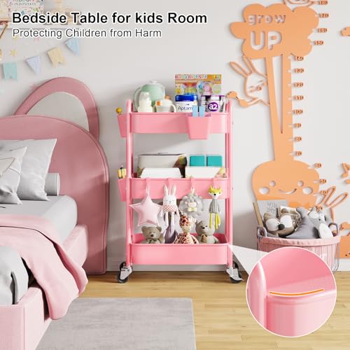 3 Tier Rolling Cart on Wheels, Metal Utility Storage Cart with Wheels, Three Tiered Craft Carts Organizer with Hanging Cups, Hooks, Mesh Basket for Bedside, Kitchen, Bathroom, Office, Art, Snack, Pink - color: Pink, size: 3-Tier + Cups + Hooks