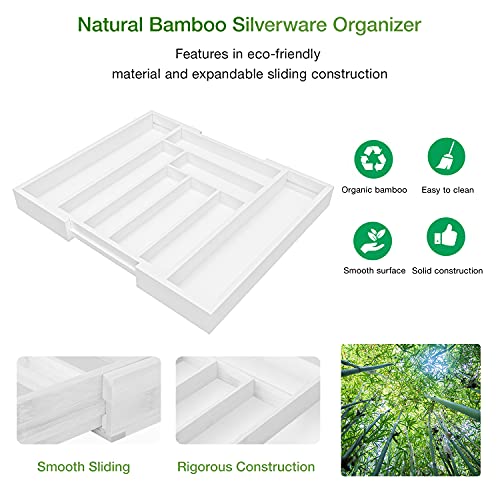 Pipishell Bamboo Expandable Drawer Organizer for Utensils Holder, Adjustable Cutlery Tray, Wood Drawer Dividers Organizer for Silverware, Flatware, Knives in Kitchen, Bedroom, Living Room (White) - color: White, size: Large