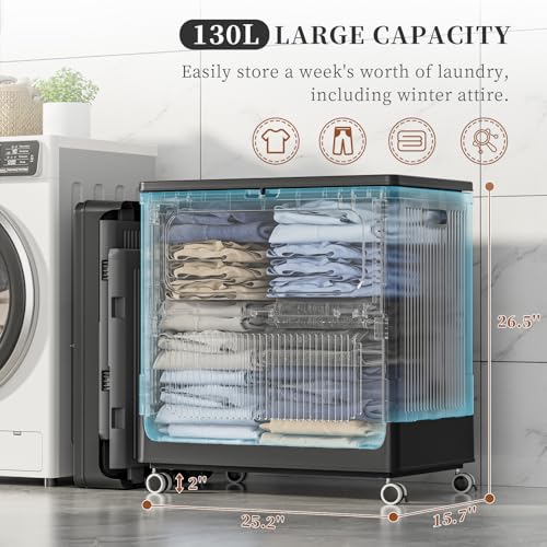 HAIXIN HOME 130L Rolling Laundry Hamper with Lid, Large Plastic Laundry Basket for College Dorm, Foldable Stackable Dirty Clothes Hamper Organizer for Industry, Bedroom, Living Room, Bathroom - Black - color: Black, size: 130L - 1 Pack