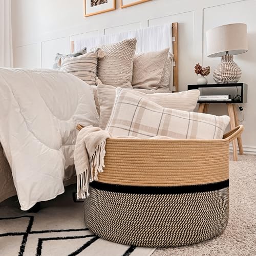 CHICVITA XXL Extra Large Cotton Rope Woven Basket, Throw Blanket Storage Basket with Handles, Decorative Clothes Hamper - 22" x 22" x 14", Brown&Black - color: Brown and Black