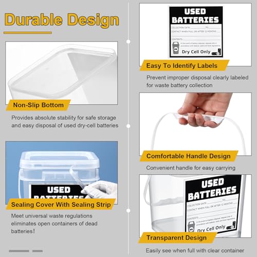 Baderke 1 Pack Battery Disposal Container Battery Recycling Container 1.32 Gallons Capacity Dry Cell Storage Recycling Bin with Label (Transparent) - color: Transparent
