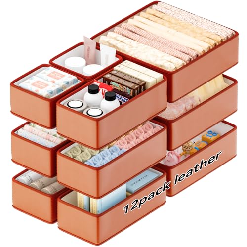 Vegan Leather Drawer Organizers,12 Pack Makeup Storage boxes,Vanity Drawer Luxury upgrade,Bedroom fabric Drawers replacement,bathroom organization and storage Optimal solution - color: Classic Brown, size: 12 pack