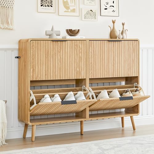 FurSch 47" Fluted Large Shoe Cabinet with 4 Flip Drawers, Slim Freestanding Shoe Cabinet Organizer, Narrow Shoes Storage Rack for Entryway, 5 Sturdy Legs (All Natural, 9.45" D x 47.24" W x 35.83" H) - color: All Natural, size: 4 Drawers