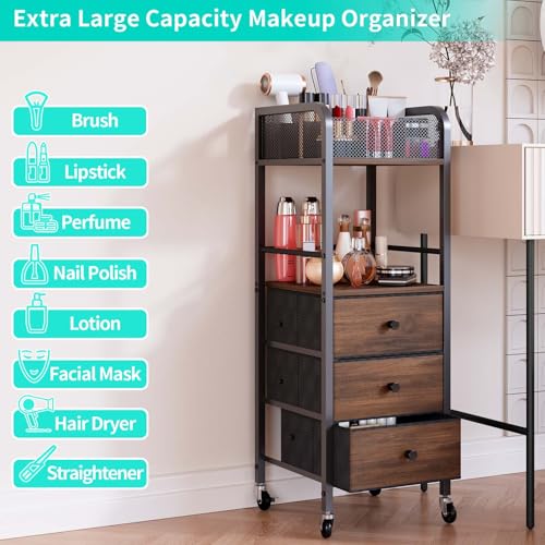 HapiRm Rolling Makeup Cart Organizer - Floor Skincare Make Up Storage with 3 Non-woven Fabric Drawers, Vanity Organizer Cosmetic Display Cases Holder for Skin Care Perfume Nail Polish Brush Hair Tool - color: Black