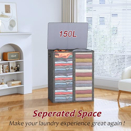 150L Laundry Hamper 2 Section, Large Laundry Hamper with Lid, Dirty Clothes Hamper with 2 Removable Inner Bags, Collapsible Laundry Basket Organizer for for Clothes Toys Towels, Hamper 2 Compartment - color: Grey, size: 150L