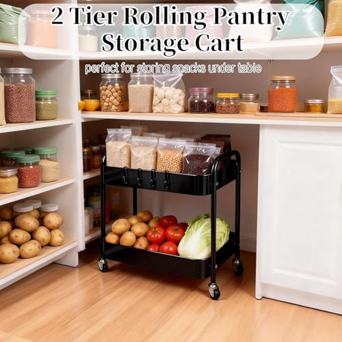 2 Tier Rolling Cart with Wheels for Under Desk Storage & Pantry Room, Large Capacity Laundry Room & Makeup Organizer, Sturdy Kitchen Utility Cart for Small Space with 4 Hooks, Black - color: Black