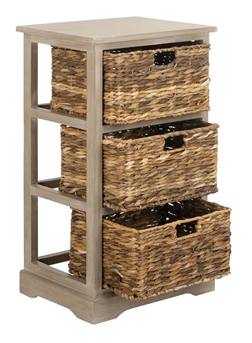 SAFAVIEH Home Collection – Halle White Washed Storage Side Table with Wicker Baskets, Farmhouse Accent Storage, Fully Assembled (AMH5738E) - color: White Washed
