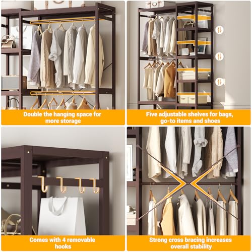 Homykic Bamboo Clothes Rack Garment Rack for Hanging Clothes, Heavy Duty Clothing Rack with 7 Tiers Adjustable Shelves, Double Rods, 4 Hooks, Freestanding Closet System Organizer Wardrobe, Espresso - color: Espresso, size: II Medium