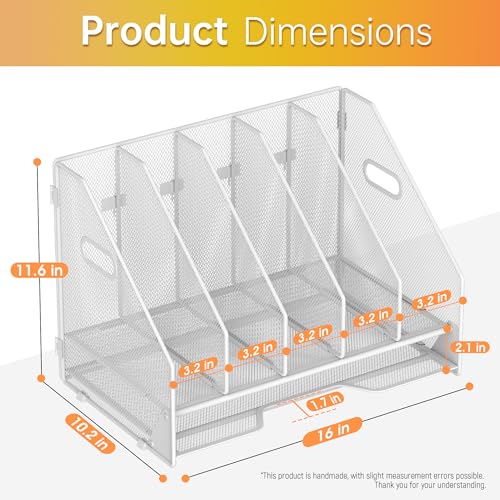 Docnest Desk File Holder Sorter, 5 Vertical Compartments Rack with Letter Tray, Mesh Magazine File Holder with Handle,Workspace Organizers,Desk Organizers for Paper, Mail, Documents-White - color: White-5 Compartments
