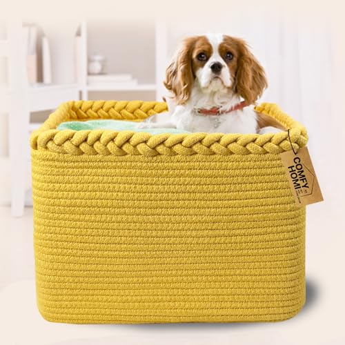 COMFY-HOMI Square Woven Cotton Rope Basket for Organizing, Gift Baskets for Handles, Empty Gift Baskets, Toy Basket for bins|13.5" x 11" x 9.5" home decor for Living Room, Bathroom - color: Yellow, size: 13.5"X11"X9.5"