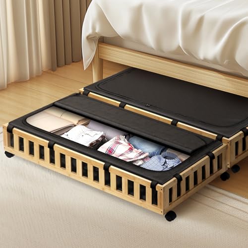 Gashell 2 Pack Bamboo Under Bed Storage with Wheels, 39”x20”x7.8” Lager Under Bed Storage Containers (Natural) - color: Natural