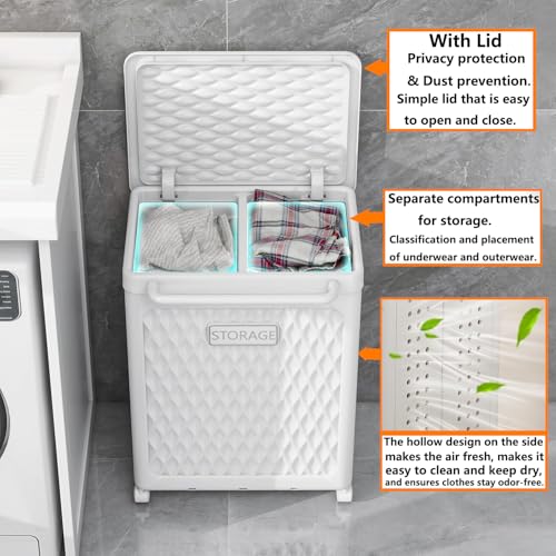 WESAPPINC Rolling Laundry Hamper with Wheels and Lid, Plastic Laundry Basket with Handle, Rolling Divided Cart for Small Spaces, Bathroom, Bedroom, White - color: 100L White