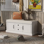 P PURLOVE Rustic Wood Entryway Bench with 2 Cabinets and 2 Drawers, Wood Shoe Bench with Removable Cushion for Hallway, Entryway - color: White, size: with 2 Drawers and 2 Cabinets
