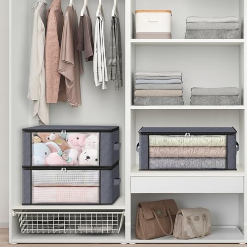 HomeHacks Storage 3-Pack Clothes Organizer Storage Bags Foldable Storage Box with Large Clear Window Sturdy Handles for Closet, Dorm, Pillows, Bedding, Clothes, Blankets, 35L, Gray - color: Gray