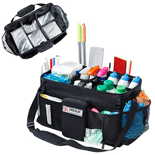 Large Cleaning Supplies Organizer-Cleaning Caddy Organizer With Handles & Shoulder Strap-Cleaning Bags for Cleaning Suppliers-Housekeepers Wearable Cleaning Tote Upgraded - color: Black