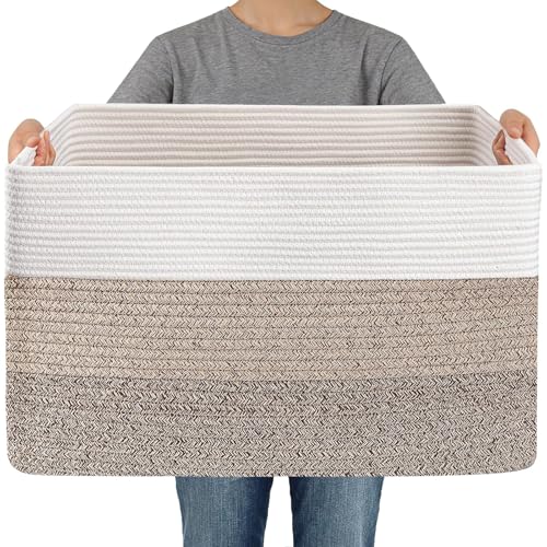 JMvicyroam Woven Blanket Basket,96L Large Storage Bin for Blankets Toys Clothes,Decorative Rope Basket for Living Room Bedroom with Handles, White&Brown - color: White&Brown, size: 96L
