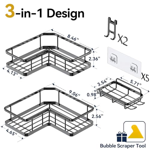 YASONIC Shower Caddy Corner, 3-Pack Adhesive Rustproof Stainless Steel Shower Shelves with Soap Holder, No Drilling Shower Organizer Corner for Dorm, Renters Bathroom, Black - color: Black, size: 3Pack