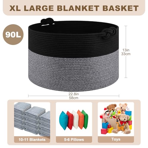OIASKET Large Blanket Storage Basket for Living Room, 22.8" x 22.8" x 13" Woven Cotton Rope Basket with Handles, Baby Toy Storage, Laundry Hamper for Clothes, Pillows, Towels-Black and Grey - color: Black and Grey, size: 90L