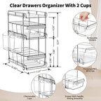 Clear Bathroom Organizers 2 Sets 3 Tier, Pull Out Organizer and Storage with 2 Cups, Slide Out Drawer Storage Container with 6 Dividers, Multi-Purpose Bathroom Organizer, Kitchen Under Sink Organizer