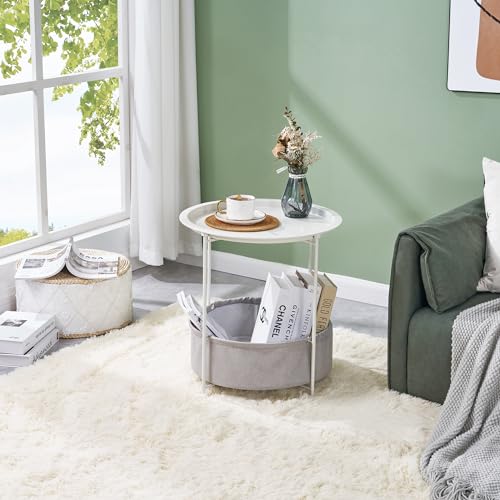 VECELO Round Side/End Table with Fabric Storage Basket，Metal Anti-Rust and Waterproof Small Bedside Nightstand with Removable Tray Top for Living Room，Balcony & Laundry，Beige/1pcs with Basket - color: Beige, size: 1 PCS with Basket