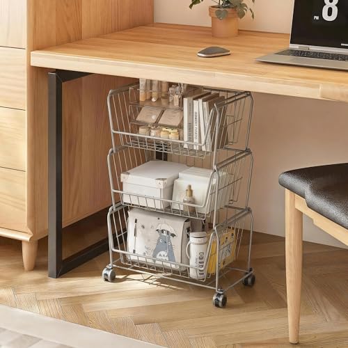 PUSDON 4-Tier Spacious Stackable Wire Storage Baskets with Wheels, Metal Rolling Utility Cart Organizer, Fruit and Vegetable Produce Basket for Kitchen Pantry, Everyday Bathroom Shelf, Silver Grey - color: Silver Grey, size: 4 Tier Standard