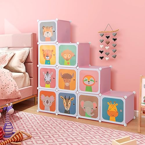 Costzon Kids Closet, Cartoon DIY Modular Dresser Storage Organizer with 12 Cubes & 2 Clothes Hanging Rack, Portable Armoire for Baby Toddlers, Kids Wardrobe for Bedroom Nursery (Pink) - color: Pink, size: 12 Cubes