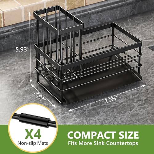 Cisily Sink Caddy Sponge Holder for Kitchen with Brush Holder and Stainless Steel Self Drain Tray, Rustproof Kitchen Sink Organizer for Sponge, Soap Dispenser Storage Accessories (Black) - color: Black