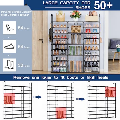 Mavivegue 10 Tiers Shoe Rack Tall Shoe Organizer Shoe Storage 55-65 Pairs Vertical Shoe Shelf Large Shoe Rack Organizer Stackable Shoe Racks for Entryway, Closet, Garage, Bedroom,Cloakroom -Black - color: Black, size: 3 Row 10 Tier
