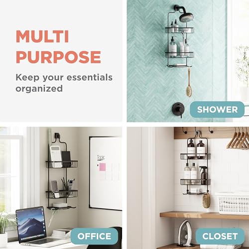 Zenna Home Rustproof Hanging Shower Caddy, Over the Shower Head Caddy with 2 Shelves and Built In Hooks, Aluminum Bathroom Hanging Organizer, Bronze - color: Bronze