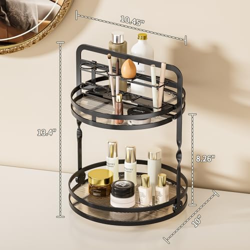 360° Rotating Makeup Organizer, 2-Tier Black Perfume Organizer for Dresser, Bathroom Organizers Countertop, Perfume Shelf with Makeup Brush Holder, Skincare Holder Cosmetic Display(Black) - color: Black