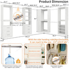 Vomavex Closet System with 4 sets, 101.9" Closet Organizer Systems with 6 Drawers & 8 Hanging Rods & Adjustable Shelves, Walk in Closet Standing Closet System, Corner Closet System Set, White