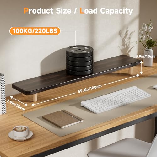 Dual Monitor Stand Riser, 39 Inch Extra Long Wooden Desktop Monitor Riser with Storage for 2 Monitors Ultra Strong Desk Shelf Organizer Riser Ergonomic for 2 Screens/Laptop/PC/TV/Printer (Dark Walnut, 39inches) - color: Dark Walnut