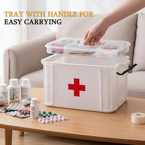 2 Pack Clear Medicine Organizer Box with Handle, Plastic Medicine Container with Tray First Aid Box Empty, Thickened Medicine Storage Organizer Multipurpose Medication Organizer Storage, White - color: White-2Pack