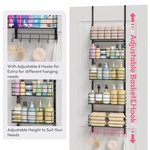 SWTYMIKI Over The Door Organizer - Door Organizer Hanging with 5 Adjustable Metal Large Capacity Basket and 6 Coat Hook, Wall Mounted Shelf for Bedroom Closet Bathroom Laundry Pantry Cabinet Kitchen - color: Black