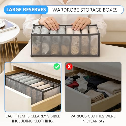 Wardrobe Clothes Organizer for Drawers - 7 Grids Mesh Pants Storage Box, Foldable Closet Compartment Separators for Jeans, T-Shirts, Leggings & Sweaters, Washable Clothing Divider (Gray, 1 Pack)