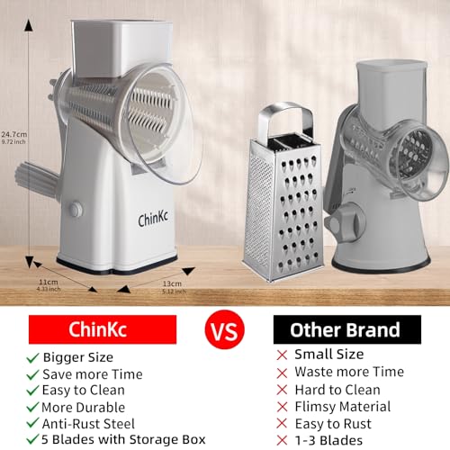 Upgrade Rotary Cheese Grater Shredder with Handle, Strong Suction Base, Multi-purpose Rotary Grater Slicer with 5 Interchangeable Blades for Ice, Vegetables, Fruit, Nuts with Blade Storage Box - color: Milky White