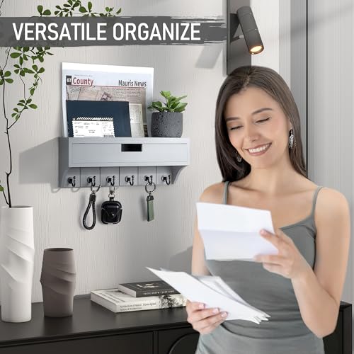 Rebee Vision Modern Pine Wood Key Holder Wall Mount with Drawer Organizer – Mail Organizer with 6 Key Hooks and Storage Drawer – Apartment Essentials for Entryway and Home Decor(Gray) - color: Gray, style: 1-Drawer