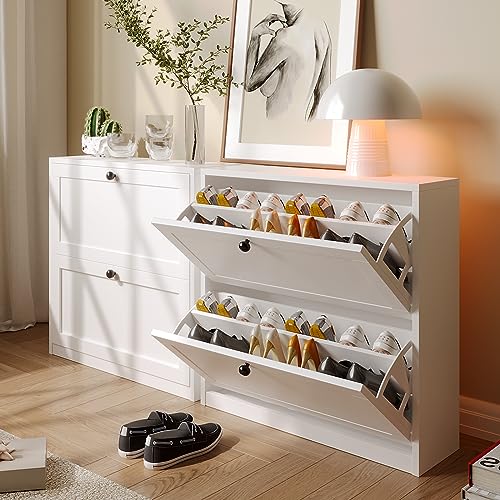 VOWNER Shoe Cabinet with 2 Flip Drawers, Freestanding Shoe Storage Cabinet with Adjustable Shelf & Anti-Tipping Device, Shoe Rack for Entryway, Hallway, Living Room (White) - color: White