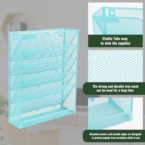 EASEPRES 6 Tier Mesh Hanging Wall File Organizer, Desk Vertical Mail Paper Document Folder Holder Rack with Bottom Tray and Nametag Label for Office Home School, Blue - color: Blue, size: 6 Tier