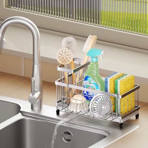 SWTYMIKI Sink Caddy Sponge Holder - Large Sponge Holder for Kitchen Sink with 360°Auto-Drain Tray, Rustproof Stainless Steel Kitchen Organizer Caddy for Countertop Organization - color: Silver-basket