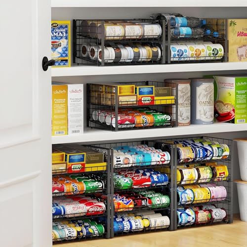 JKsmart 2-Tier Stackable Rack Organizer for Pantry, Adjustable Dispenser Holds Up to 120 Cans, Storage Holder for Various Ounces of Canned Drinks, Black, 4 Pack - size: 2-Tier - 4 Pack