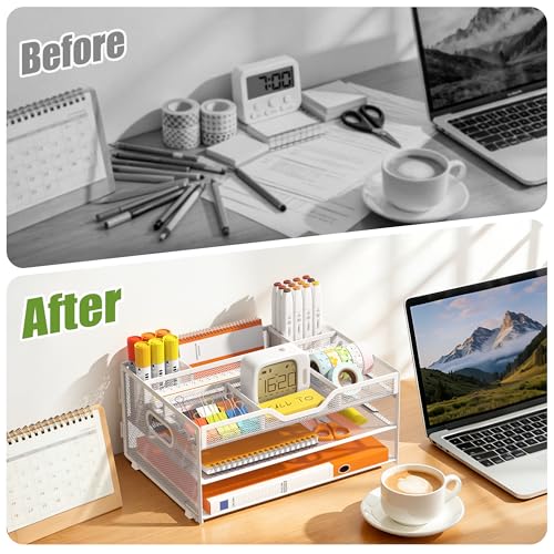 3-Tier Letter Paper Tray Desk Organizer, White Desktop File Rack Holder with 3 Drop in Pencil Holder and Sliding Tray for Office Classroom and Home Supplies Organization Storage - color: White-3