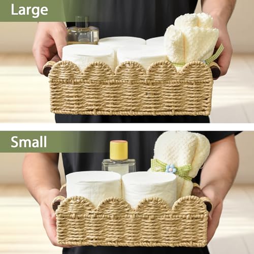 Cute Scalloped Basket, Handwoven Toilet Paper Storage with Built-in Handles, Wicker Basket for Organizing, Decoration and Home(Set of 2) - color: Beige