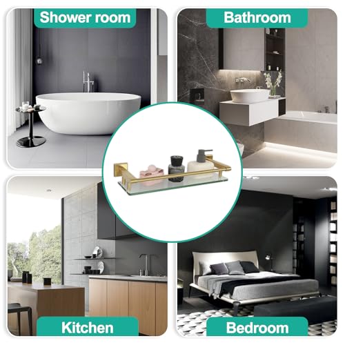 16 Inch Brusheld Gold Bathroom Glass Shelves with Stainless Steel Railing, Tempered Floating Glass Modern Decoration Bathroom Shelf Sink Over Toilet - color: Brushed Gold, size: 16'' with Railing