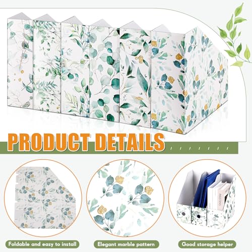 PerKoop 6 Pcs Decorative Magazine File Holders Floral Foldable File Folders Magazine Storage Boxes Rack Desk Organizer Documents with Printable Labels for School Office Home (Eucalyptus Leaves) - style: Eucalyptus Leaves