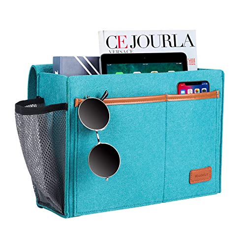 Bedside Caddy, Bed Storage Organizer for Remote Controller, Books, Magzine, Laptop Holder, 12.4'' x 8.6'' inch Bedside Hanging Felt Storage Bag for Dorm Bed with 5 Pockets, Celadon - color: Celadon