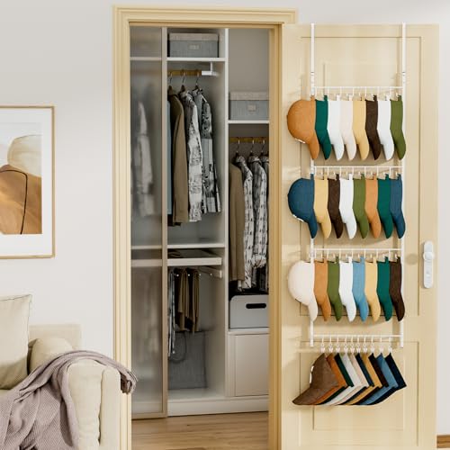 HapiRm Over Door Hat Organizer - 4 Tier Wall Mounted Hat Rack with 24 Hooks and 10 Movable Clips, Hanging Baseball Cap Organizer Storage Holds to 34 Caps for Door, Bedroom, Closet(White) - color: White, size: 4 Tier